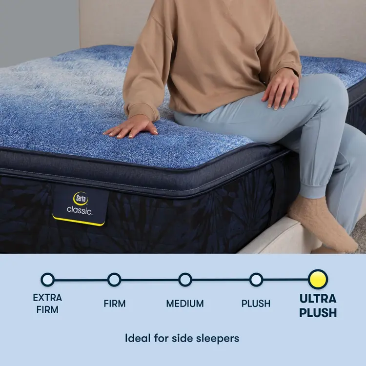 Woman sitting on a Serta classic plush pillow top mattress with her right hand placed on the mattress ||feel: plush pillow top ||level: enhanced