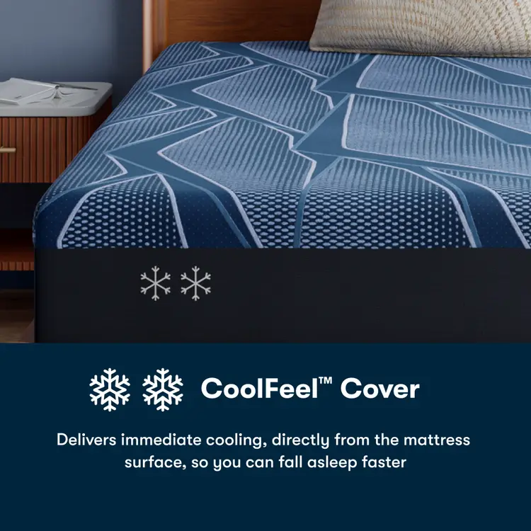Blue Serta iSeries NXG Hybrid mattress cover with geometric pattern on a bed, featuring CoolFeel™ branding.